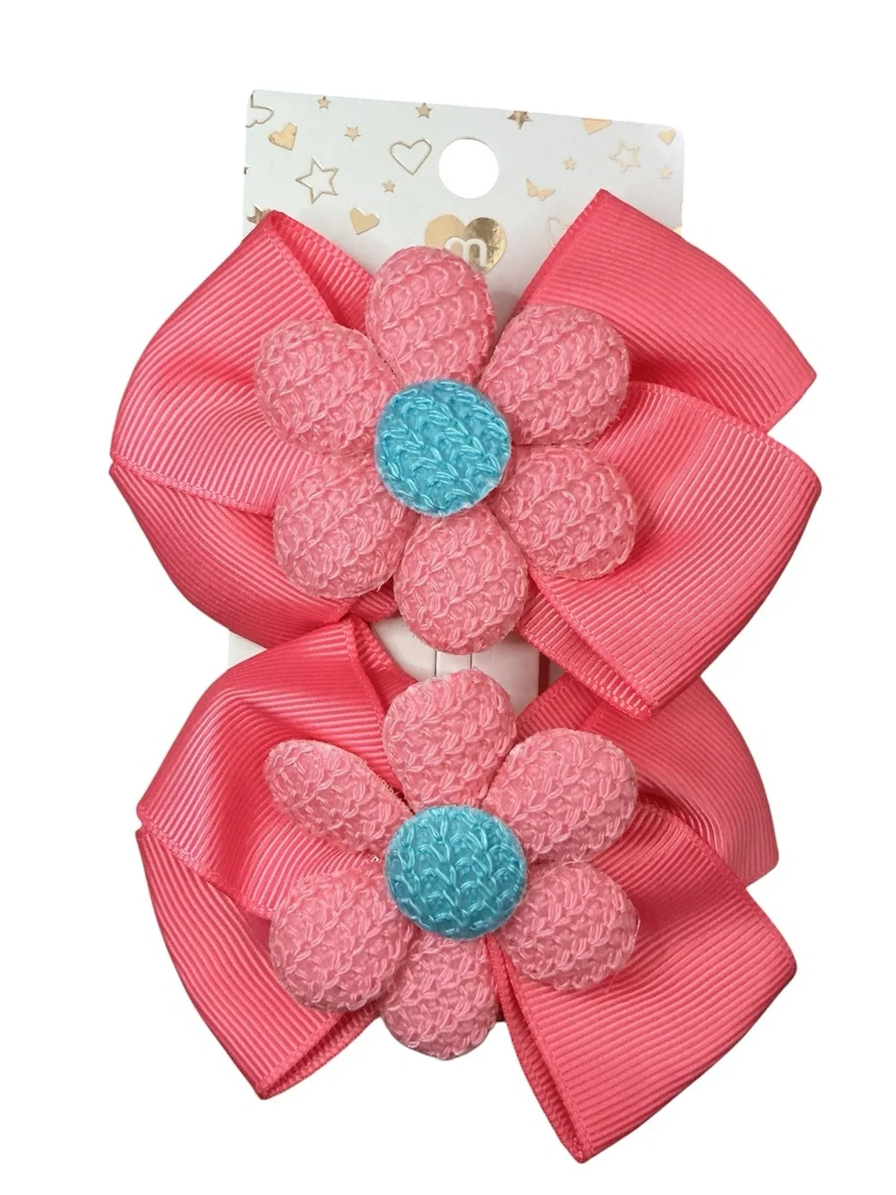 Pink Flower Bow Hair Clips - Set of 2 New On Card
